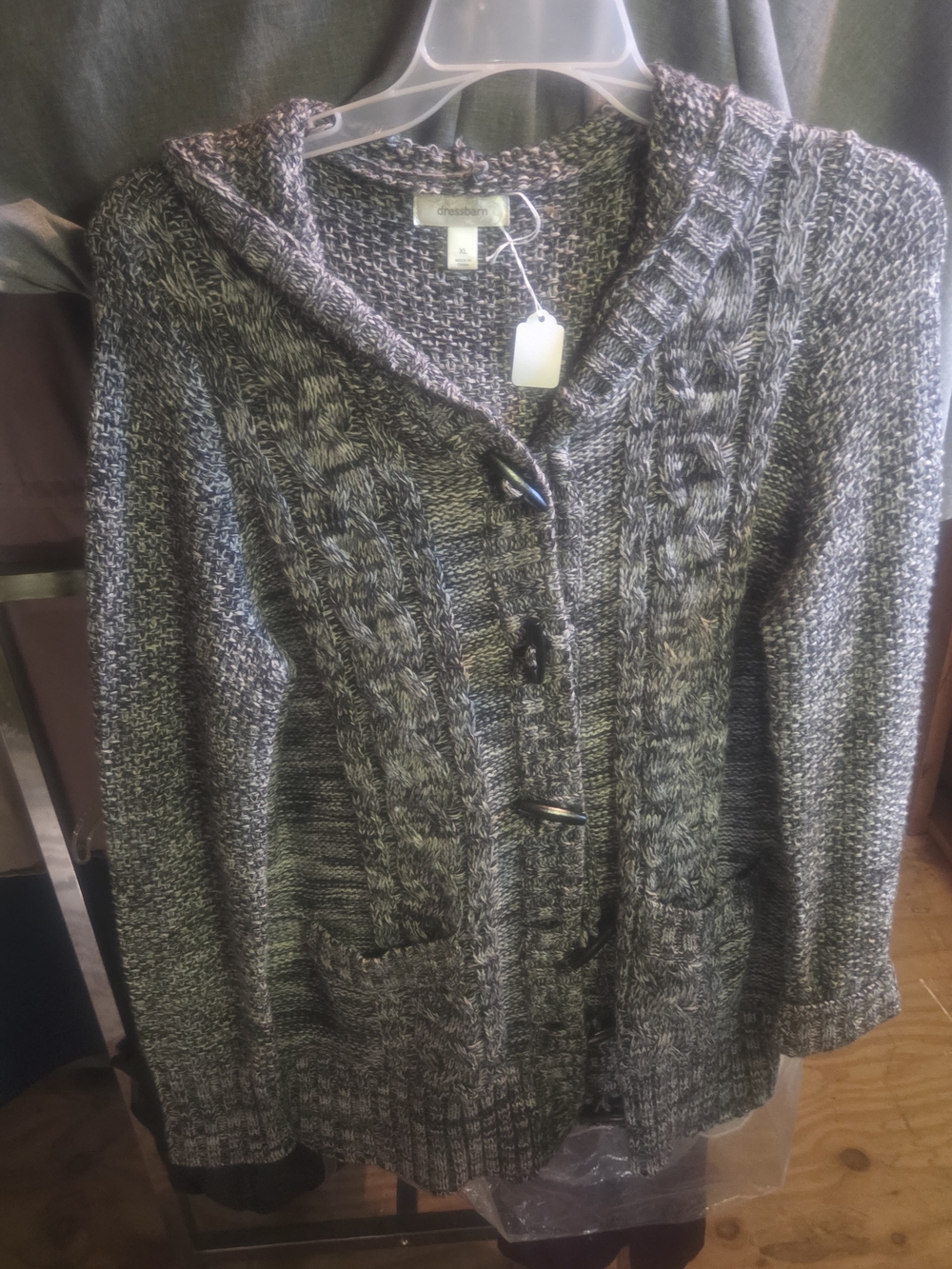 Dressbarn Gray Marled Cable-Front Hooded Cardigan